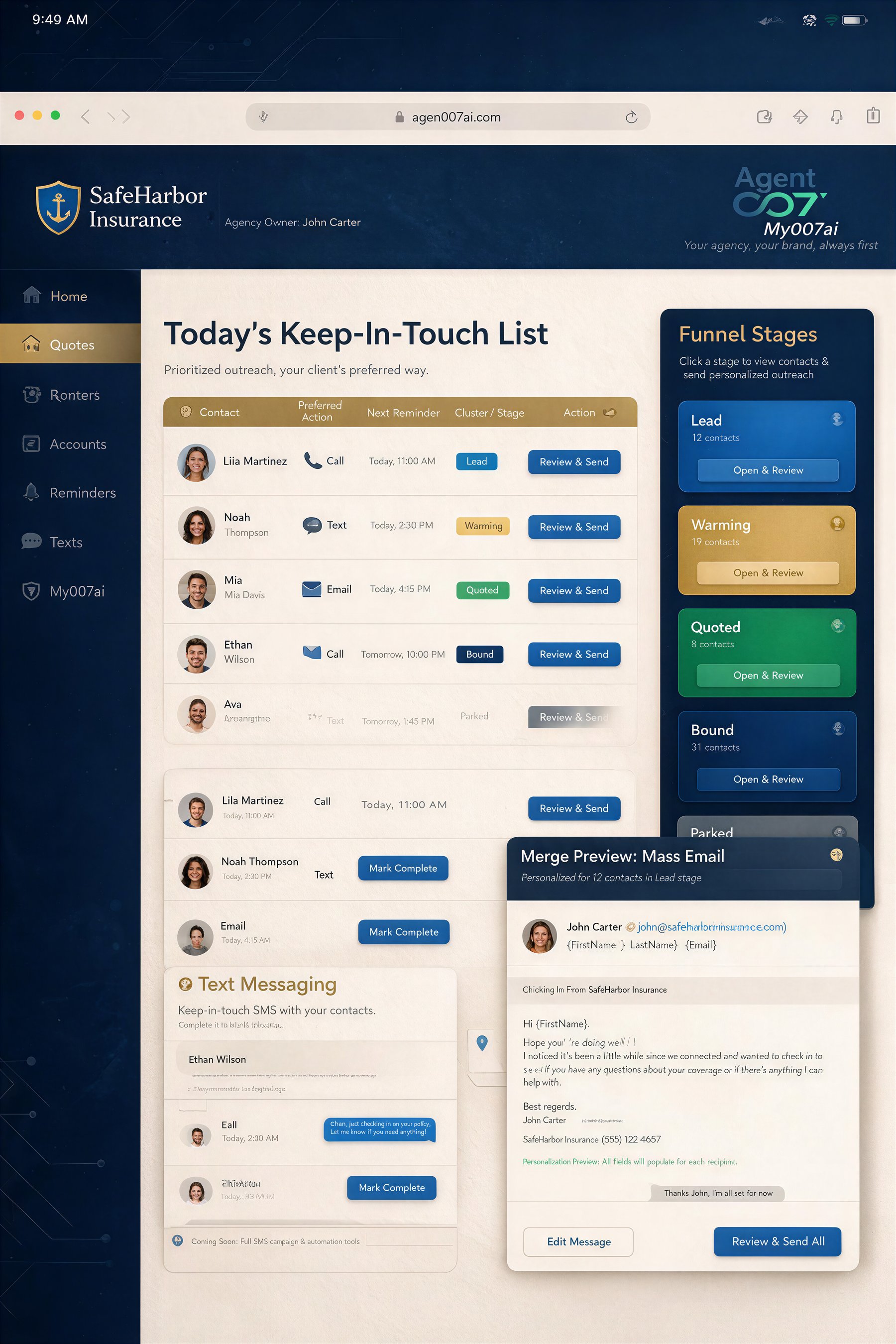 Agent007ai Concierge: keep-in-touch, funnel clusters, map contact, and avatars on every contact